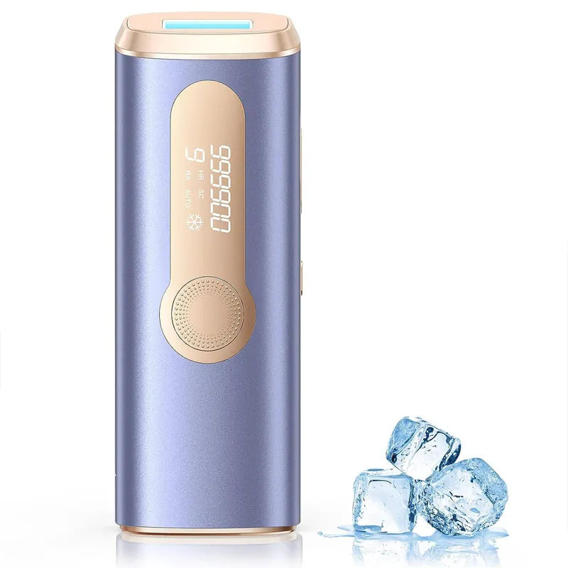 Purple and gold electronic device with digital display next to ice cubes on a white background
