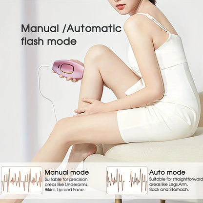 Woman using a pink laser hair removal device with text on flash modes.