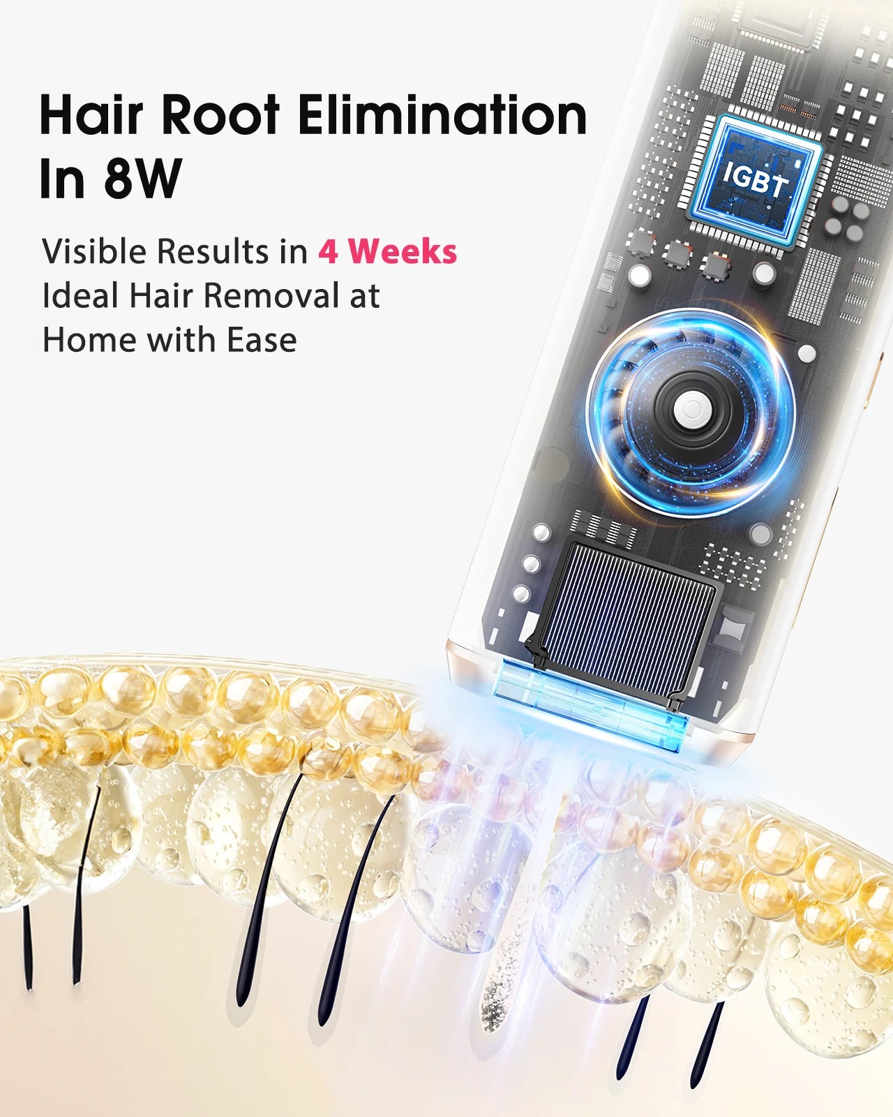 Hair removal device with text about hair root elimination and results.