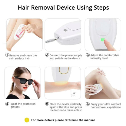 Step-by-step guide on using a hair removal device with images and text instructions.