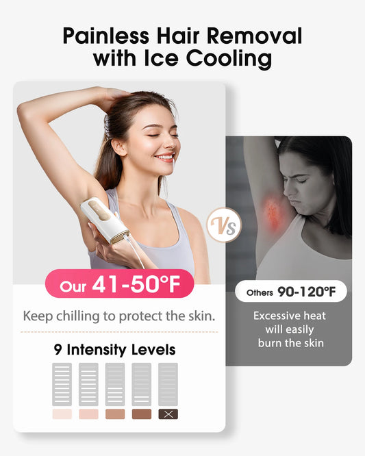 Advertisement for painless hair removal with ice cooling technology, showing a woman using the device and a comparison to other methods.