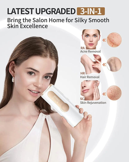 Woman holding a skincare device with text about its features on a white background