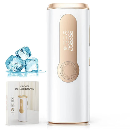 White and gold hair removal device with ice cubes and packaging on a white background