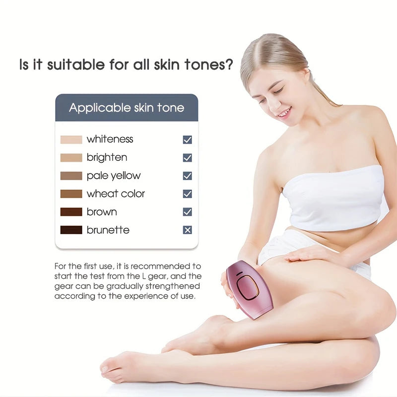 Woman using a device on her leg with skin tone compatibility chart on the left.